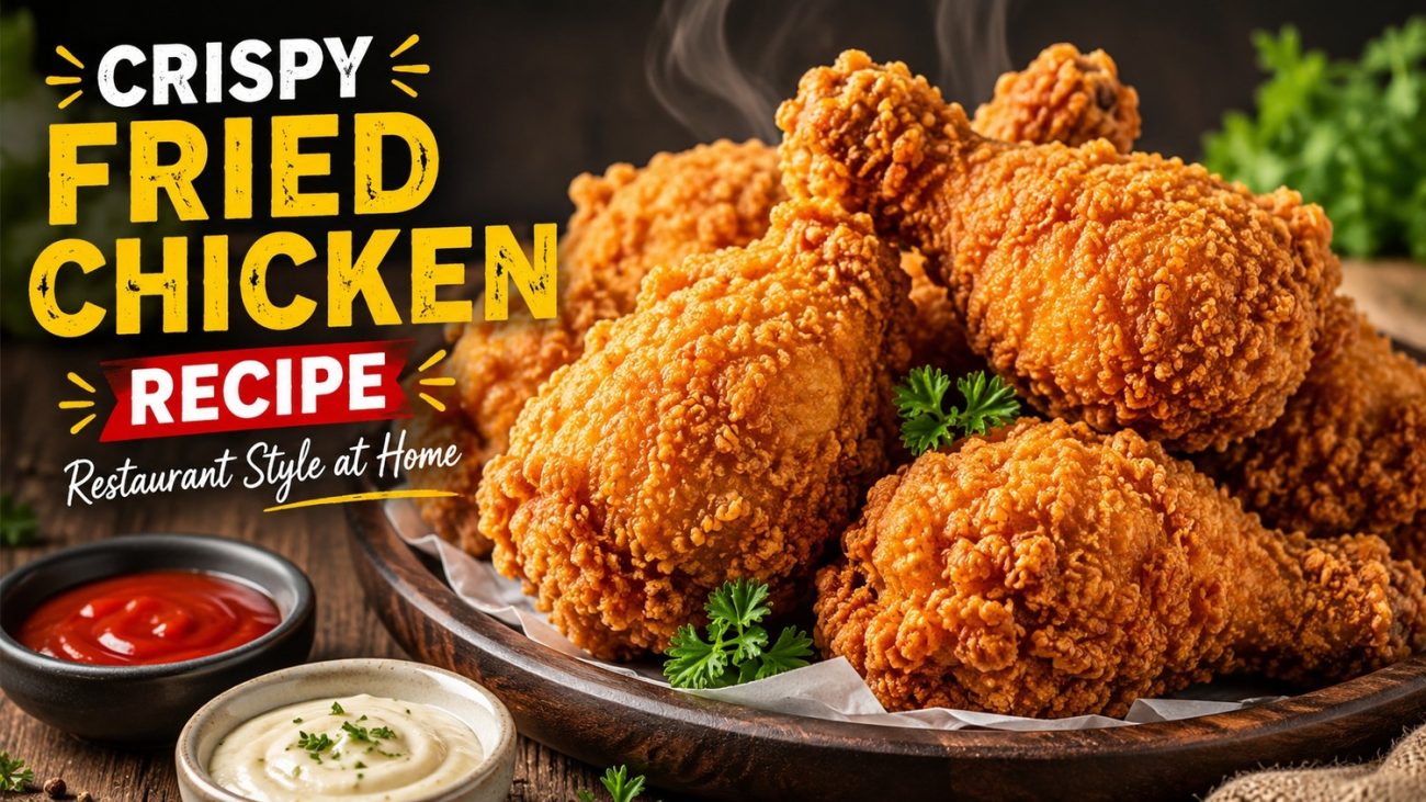 "Crispy and juicy homemade fried chicken recipe served with dipping sauce"