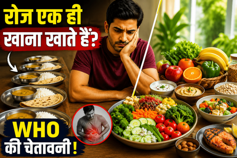 रोज एक ही खाना खाने के नुकसान और संतुलित आहार की तुलना दिखाता व्यक्ति