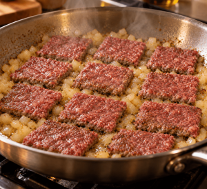 Thin Krystal-style burger patties cooking over diced onions