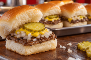 Homemade Krystal sliders with onions mustard and dill pickles