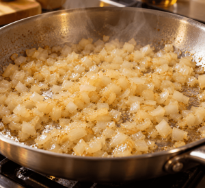 Finely diced onions cooking for Krystal burger sliders