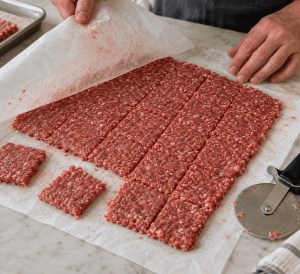 Thin square beef patties prepared for Krystal-style burgers