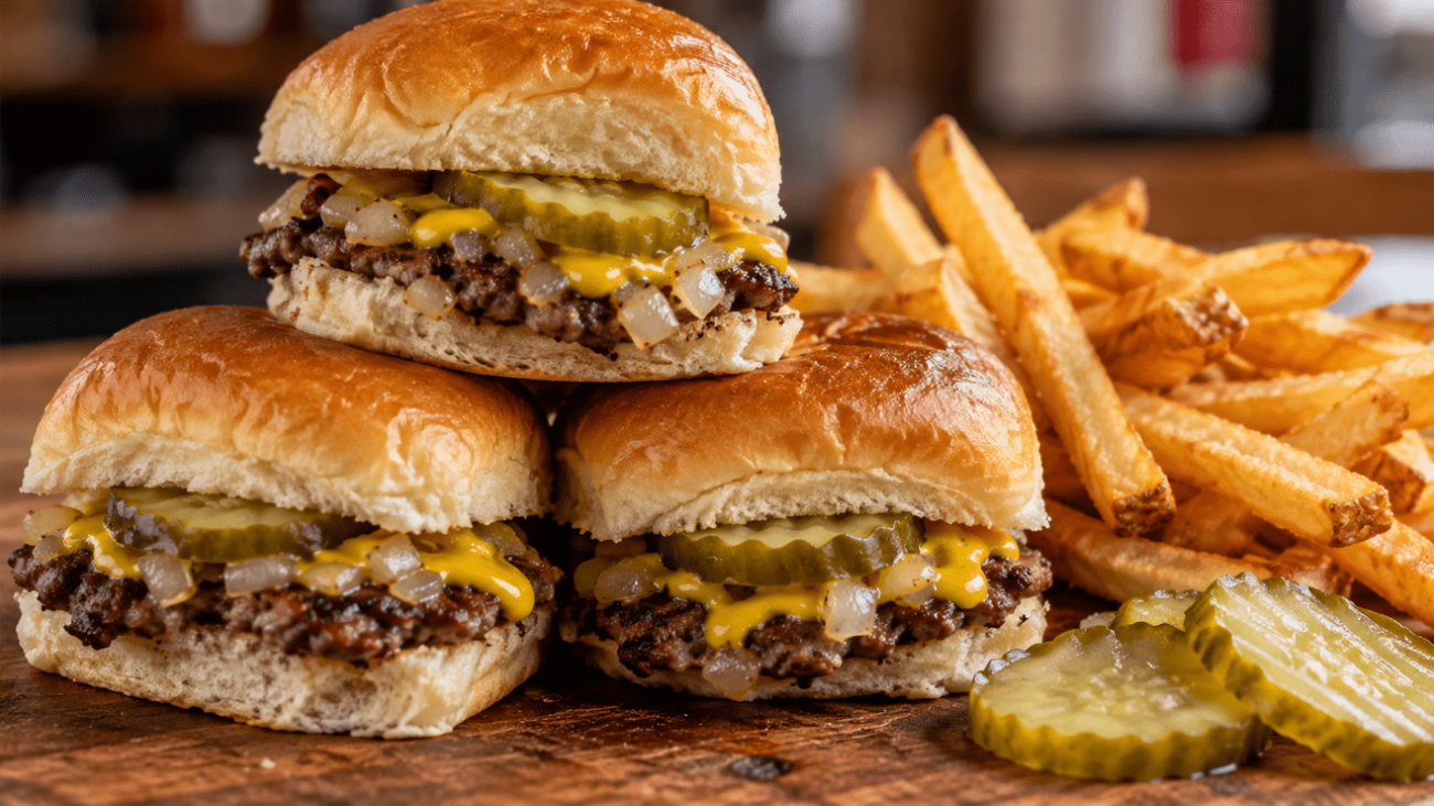 Homemade Krystal burger recipe with steamed onions, mustard and dill pickles
