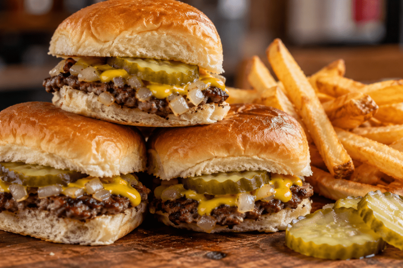 Homemade Krystal burger recipe with steamed onions, mustard and dill pickles